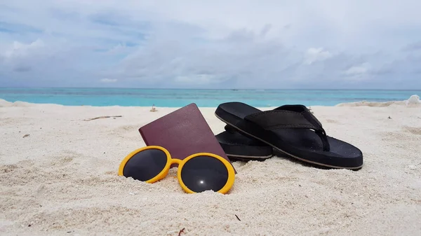 Closeup Sunglasses Copybook Flip Flops Beach Summer Sunny Day — Stock Photo, Image