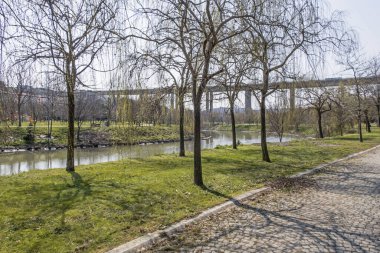 İstanbul 'da bir parkın yanındaki küçük bir nehir, Türkiye' de güneş ışığı altında