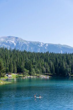 İsviçre, Grisonlar yakınlarındaki Caumasee Gölü 'nde doğanın dikey bir fotoğrafı.