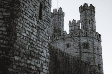 Gwynedd, Galler 'deki Castell Caernarfon Kalesi' nin gri tonlu bir görüntüsü.