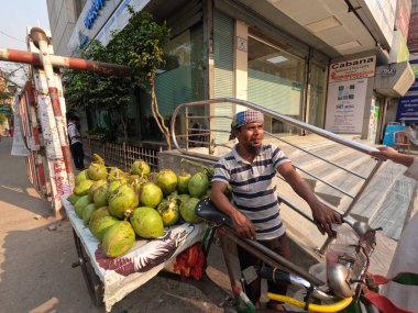 Bangladeş, Dhaka caddesinde bir hindistan cevizi meyve satıcısı günlük yaşam konsepti