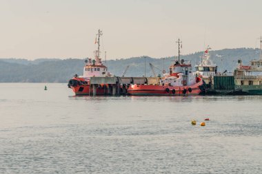 Portekiz 'in Setubal limanındaki kargo gemilerinin uzaktan görüşü