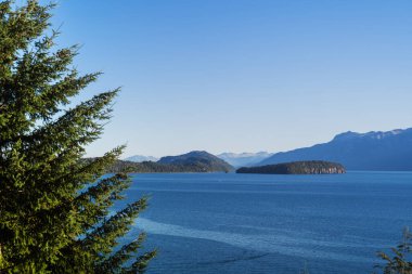 Gölün solunda güzel bir ağaç var. Kayalık kayalıklar ve arka planda dağlar var.