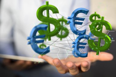 Avro ve dolar para birimi sembollerinin sanal yansımasını sunan bir kişi