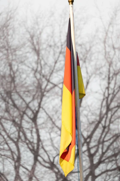 Eine Vertikale Aufnahme Der Deutschen Flagge Auf Einem Pfahl Auf — Stockfoto