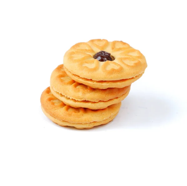Gros Plan Biscuits Sandwich Remplis Confiture Isolée Sur Fond Blanc — Photo