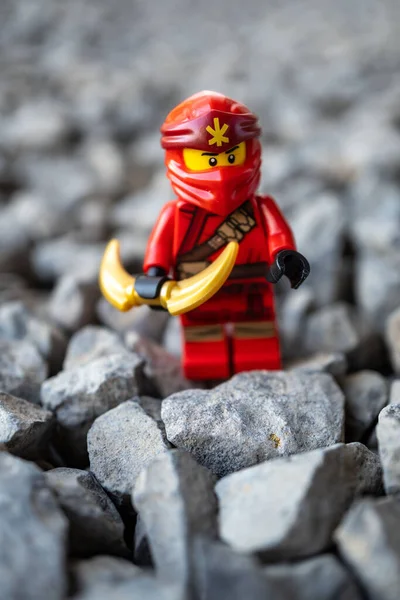 Lego Ninjago Toy Figure Red Ninja Clothes Holding Boomerang Standing — Stock Photo, Image