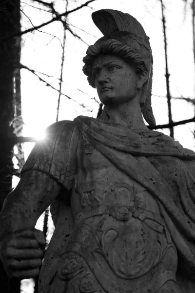 Closeup Gråskala Skud Mand Soldat Statue Med Sløret Baggrund Solstråler - Stock-foto