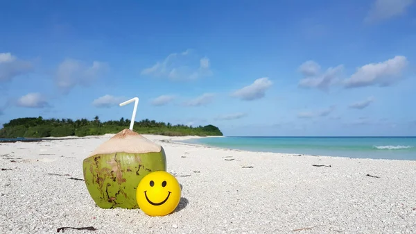Kokosový Ořech Slámou Žlutým Smajlíkem Písečné Pláži Asii — Stock fotografie