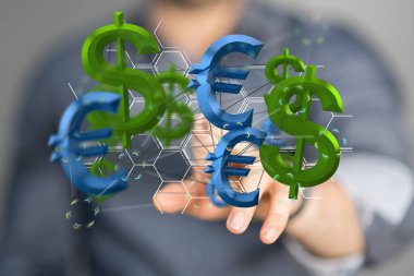 Bir el, parmaklarıyla resmedilmiş dolar ve avro işaretlerini gösteriyor..