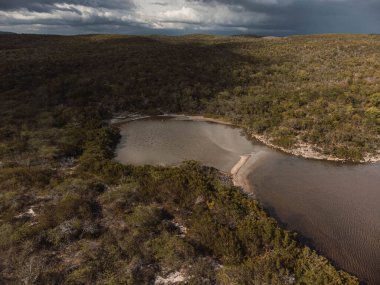 Güneşli bir günde bulutlu bir gökyüzünün altında yeşil yabani bitkilerle çevrili bir göle kuş bakışı bakış.