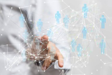 Birbirine bağlı noktalardan oluşan bir ağın hologramını kullanan profesyonel bir adam - ağ, iş konsepti