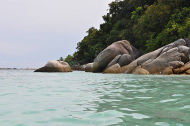 Perhentian Adası 'nda orman ve turkuaz suyu olan kayalık bir sahil.