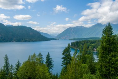 Ağustos 2021 'de Washington eyaletindeki Cushman Gölü ve Olimpiyat Dağları' nın panoramik manzarası