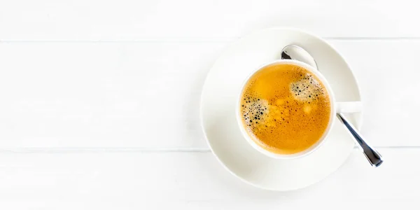 Une Vue Dessus Une Tasse Café Sur Fond Bois Blanc — Photo