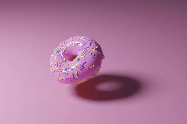 Rendering Una Ciambella Con Spruzzi Colorati Sfondo Rosa — Foto Stock