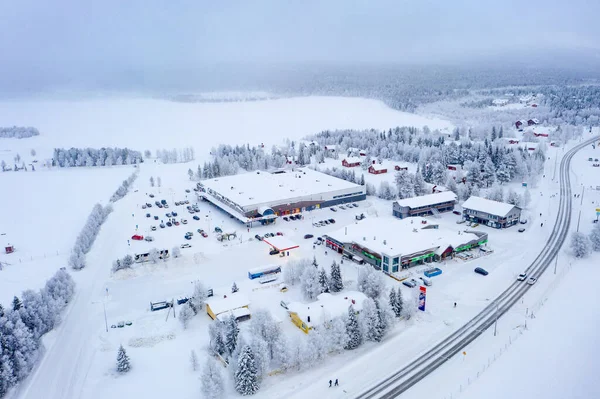 Vista Aérea Torno Mercado Jounin Kauppa Nevasca Inverno Akaslompolo Finlândia — Fotografia de Stock