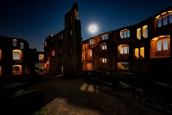 Middeleeuwse Kasteelruïne Landskrone Oppenheim Bij Volle Maan Nacht — Stockfoto