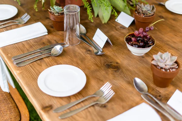 多肉植物と屋外の木製ディナーパーティーテーブルの配置 — ストック写真
