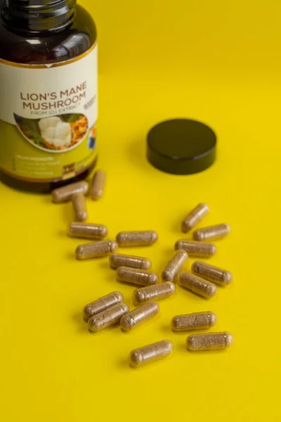 Vertical Shot Lion Mane Mushrooms Hericium Powder Capsule Supplement — Stock Photo, Image