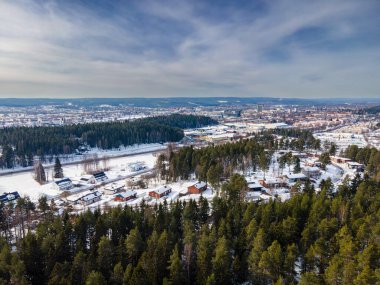 Yüksek ağaçlar, Skelleftea, İsveç çevresindeki karlı kır evlerinin geniş açılı görüntüsü.