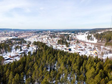 Yüksek ağaçlar, Skelleftea, İsveç çevresindeki karlı kır evlerinin geniş açılı görüntüsü.