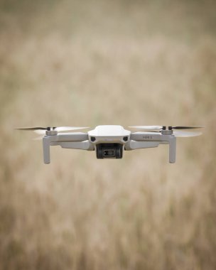 Bir DJI Mini 2 İHA 'sı bulanık arka planda çeltik tarlasında geziniyor.