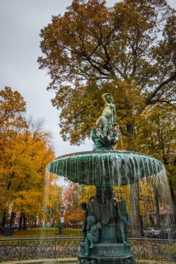 Arka planda sonbahar ağaçları olan bir parktaki çeşmenin dikey görüntüsü.