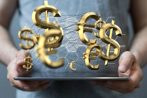 Людина Представляє Віртуальну Проекцію Символів Євро Долара — стокове фото