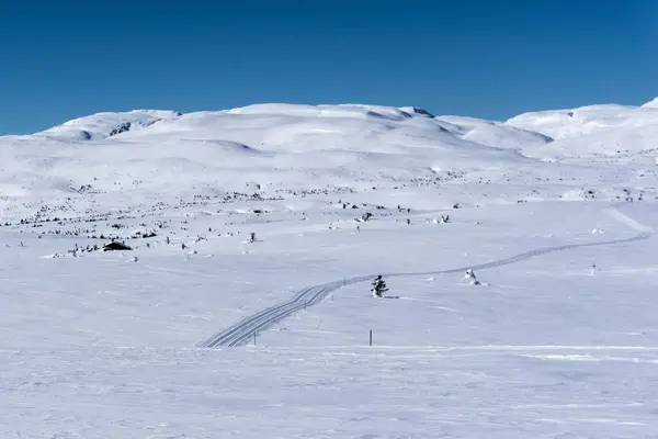 Ein Winterfeld Fuße Der Schneebedeckten Berge Und Eine Straße Für — Stockfoto