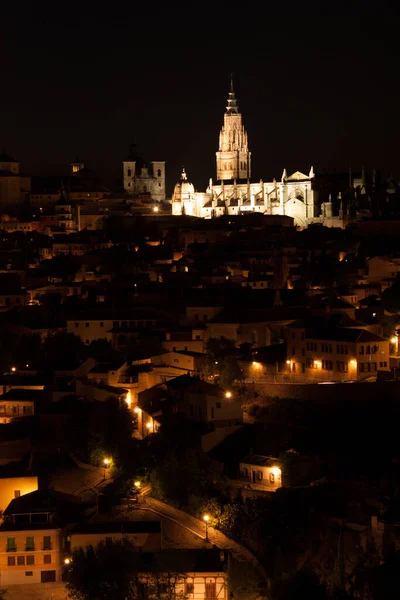 Vertikal Avlägsen Utsikt Över Katedralen Primatial Saint Mary Natten Toledo — Stockfoto