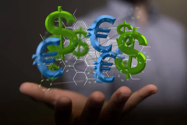 Osoba Představující Virtuální Projekci Symbolů Eura Dolarové Měny — Stock fotografie