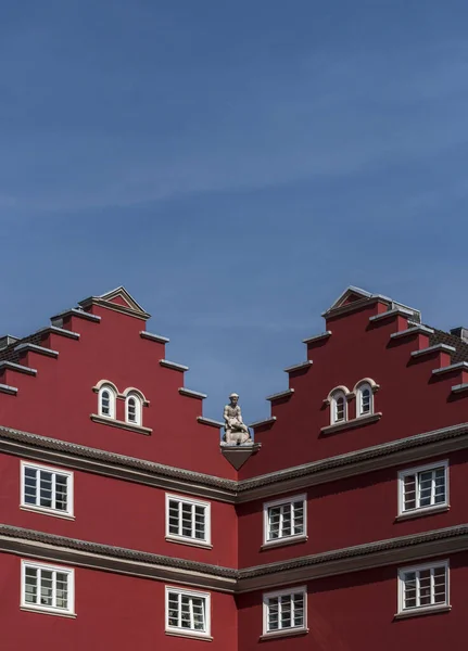 Vertical Shot Two Red Buildings Sharp Roofs Aachen Juelicher Strasse — Stock Photo, Image