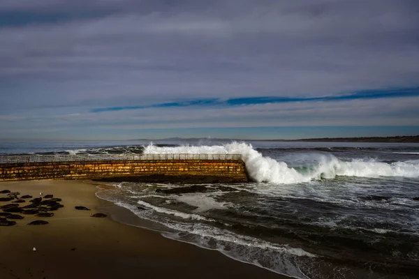 View Sea Wall Getting Hit Big Wave Children Pool Jolla — Stock Photo, Image