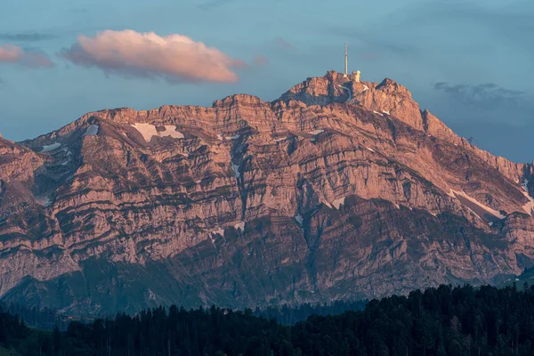 Vacker Utsikt Över Ett Alpstein Och Santis Berg Solnedgången — Stockfoto