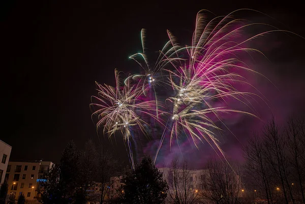 Krásný Ohňostroj Tmavé Noční Obloze Rigy Lotyšsko Během Nového Roku — Stock fotografie