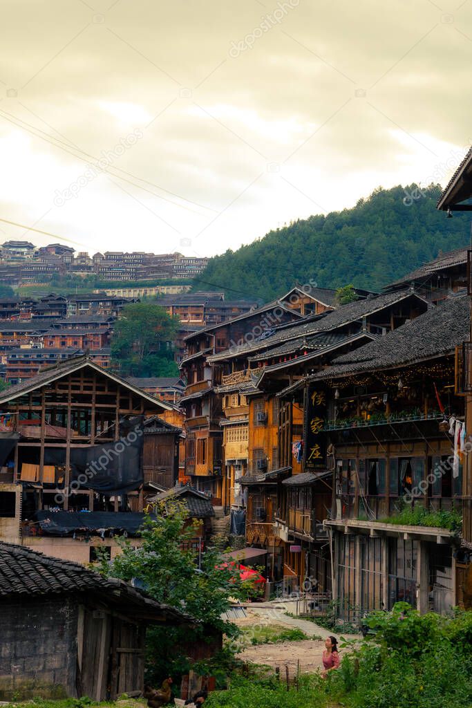 A beautiful shot of the old traditional houses in Langde Miao Ethnic Minority Village, Guizhou Province, China
