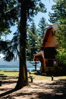 Yeşillik ve arka planda gölle çevrili ahşap bir evin dikey görüntüsü.