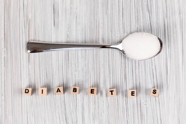 Una Vista Dall Alto Cucchiaio Zucchero Diabete Testo Una Superficie — Foto Stock