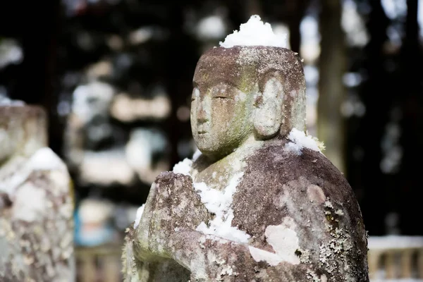 冬季在日本拍摄的古石像布达特写 — 图库照片