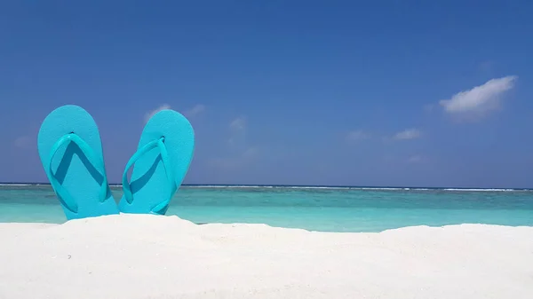 Closeup Shot Blue Slippers Sand Beach Madives — Stock Photo, Image
