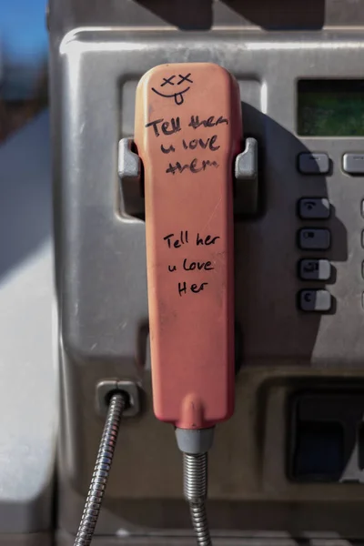 Close Shot Street Red Payphone Cute Messages — Stock Photo, Image