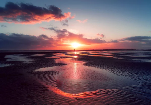 Pôr Sol Dramático Sobre Camber Sands Praia East Sussex Reino — Fotografia de Stock