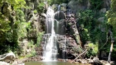 Güzel bir şelale ve nehir taşlı bir dağın üzerinde bitkilerle.