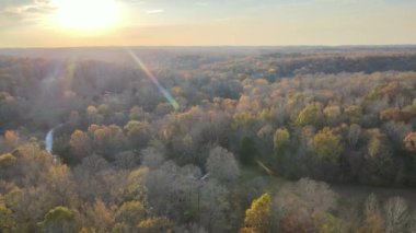 Sonbaharda ağaçlarla dolu güzel kırsal manzaranın havadan görüntüsü.