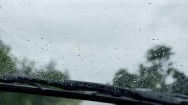 Las Gotas Agua Cristal Delantero Del Coche Día Nublado Lluvioso — Vídeo de stock