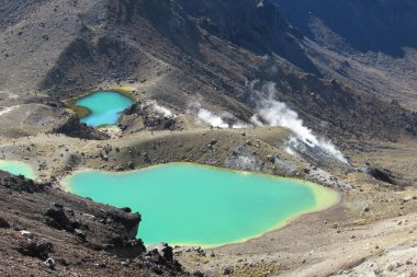 Tongariro Ulusal Parkı, Yeni Zelanda 'da kayalık tepelerde çalılarla kaplı bir göl manzarası.