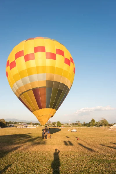 Plan Vertical Une Montgolfière Jaune Dans Champ Contre Ciel Bleu — Photo