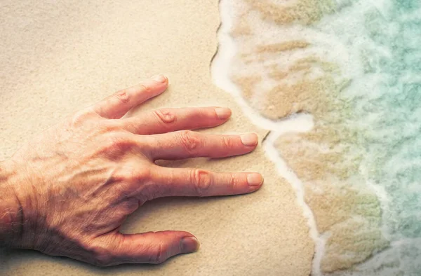 A closeup of the hand of a male isolated on the sand