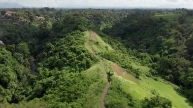 Ubud, Bali, Endonezya 'da yeşillik ve bayır patikasıyla dağlık bir arazinin güzel bir manzarası.